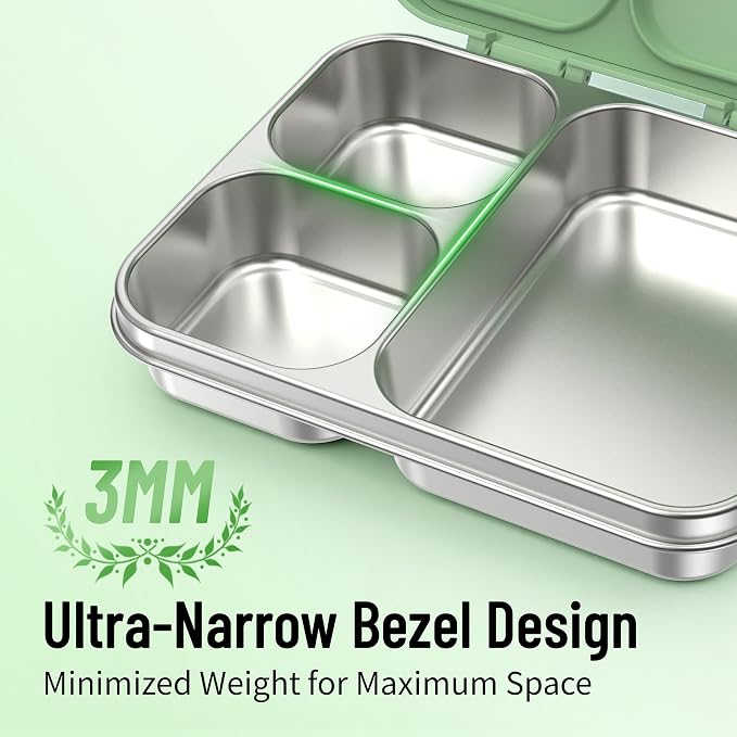LOHASOK Stainless Steel Lunch Box, 34oz/1000ml, Green | 3-Compartment, Metal Bento Container, Leak Proof, Plastic Lid, for Kids Adults, BPA/BPS Free, Dishwasher Safe
