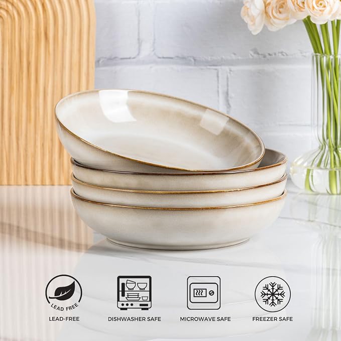 AmorArc 8.5’’ Ceramic Pasta Bowls Set of 6, 36oz Large Stoneware Bowls Set | Large Dinner Serving Bowls Set, Wide Bowl Plate for Pasta,Salad, Soup, Microwave Safe, Reactive Glaze-Cappuccino