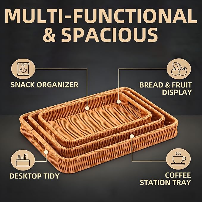3PCS Hand-Woven 16“ Rattan Rectangular Serving Tray with Handles – Wicker Tray for Coffee Table Decor, Breakfast Basket, Drinks, Fruit, Snacks Organizer, Ottoman & Kitchen Counter Outdoor