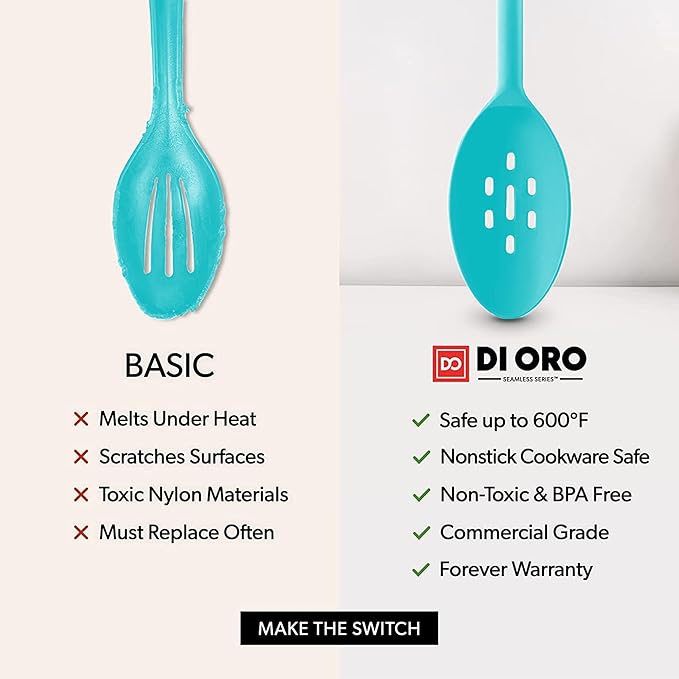 DI ORO Silicone Cooking Spoons - Solid & Slotted Set, 2-Pc Teal | Large heads for mixing, serving, and stirring; Heat-resistant to 600F for nonstick cookware; BPA-free and dishwasher safe