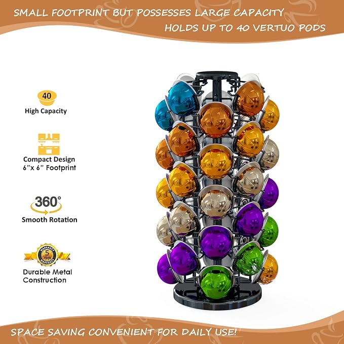 Nespresso Pods Holder Tower Stand,Vertuo Pod Holder 40 Pods Capacity,Black | Coffee Pods Holder Organizer Fits Vertuo Pods, 360°Revolving Pod Carousel, Space-Saving for Countertop,No Assembly Required