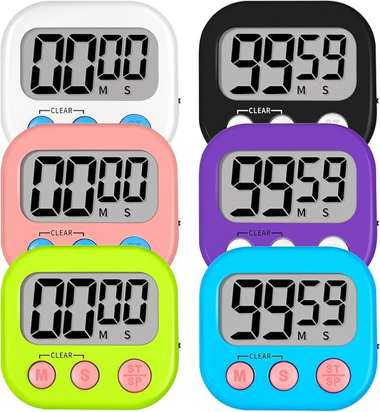Lasubst Digital Kitchen Timers, Classroom Timers for Kids Teachers, 6 Color | Back to School Supplies Bulk, Classroom Must Haves, Min/Sec Count Up/Down, Magnetic Back, Loud Alarm, Lanyards Included