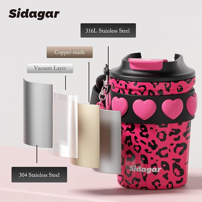 SDGA+ 12 oz Travel Coffee Mug Spill Proof Leak Proof, Stainless Steel Thermal Coffee Cup with Lid, Resuable Cup for Hot and Cold, Portable Tumbler for Women, Pink Leopard