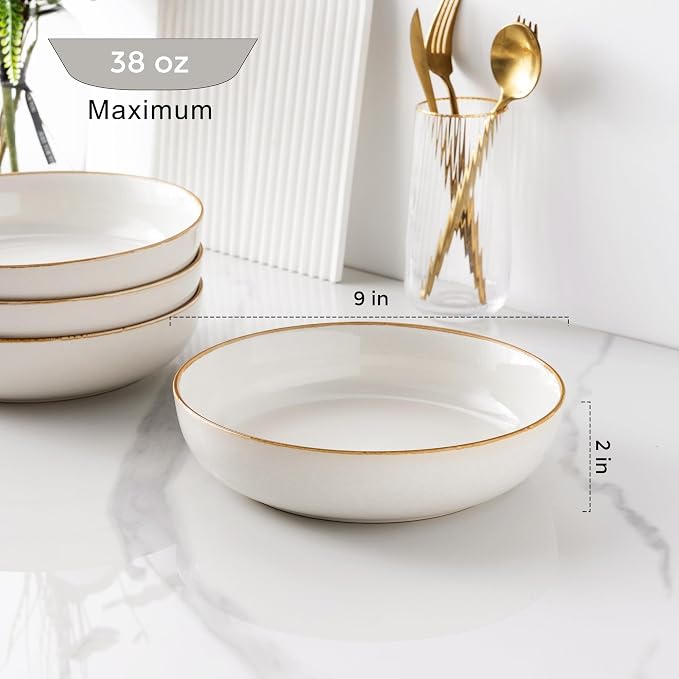 GBHOME 8.75'' Large Ceramic Pasta Bowls, 38oz Stoneware Pasta Serving Bowls Set of 4 for Kitchen, Wide Bowls for Fruit,Pasta,Salad,Oatmeal,Meal, Microwave Safe, Reactive Glaze-Pear White