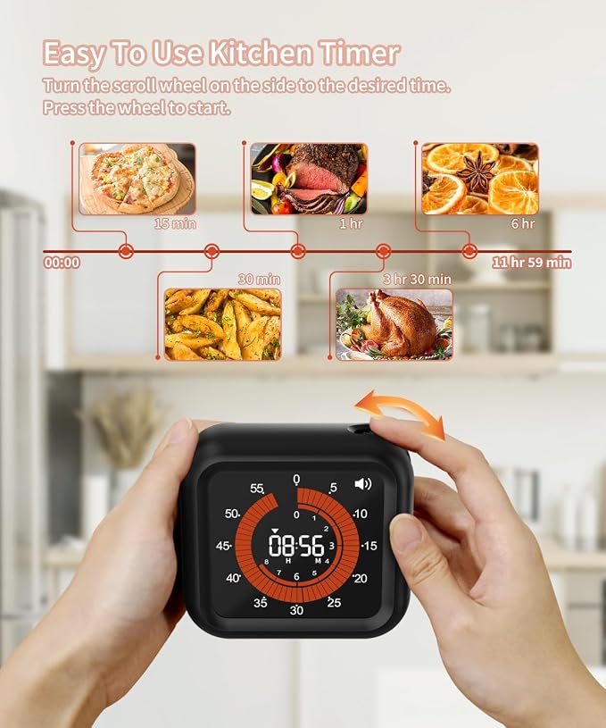 Digital Magnetic Visual Kitchen Timer, Up to 11H 59M Countdown & Count Up | USB-C Rechargeable, Large VA Display, Adjustable Volume and Brightness, Memory Recall Function for Kitchen, Classroom, Study