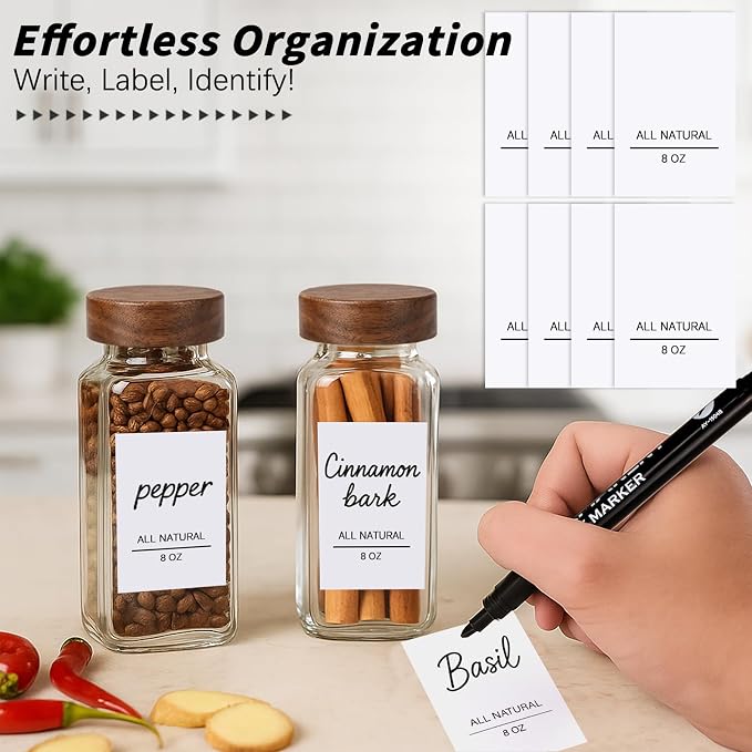 8Oz 8Pcs Glass Spice Jars with Label, Seasoning Containers, Spice Containers with Bamboo Lids & Pen, Empty Spice Bottles for Salt, Herbs, Sugar, Pepper (Acacia Wood Color)