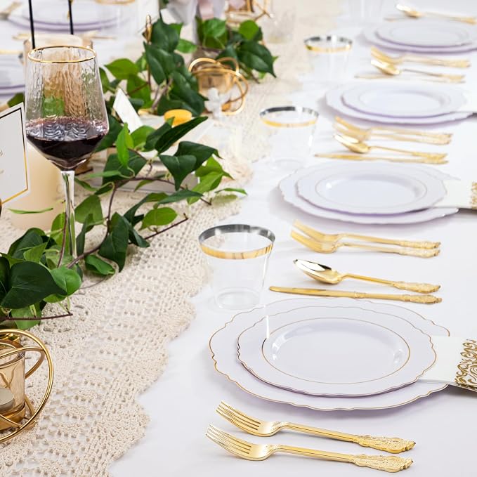 350 Pieces Gold Disposable Plates for 50 Guests, Plastic Plates for Party, Dinnerware Set of 50 Dinner Plates, 50 Salad Plate, 50 Spoons, 50 Forks, 50 Knives, 50 Cups for Wedding/Party