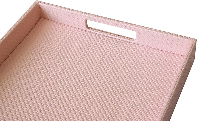 HofferRuffer Rectangle Serving Tray with Hole Handles for Coffee Table, Breakfast, Tea, Food, Butler - Countertop, Kitchen, Vanity Serve Tray, 16.2 x 12.2 x 2 inches, Faux Leather (Pink)