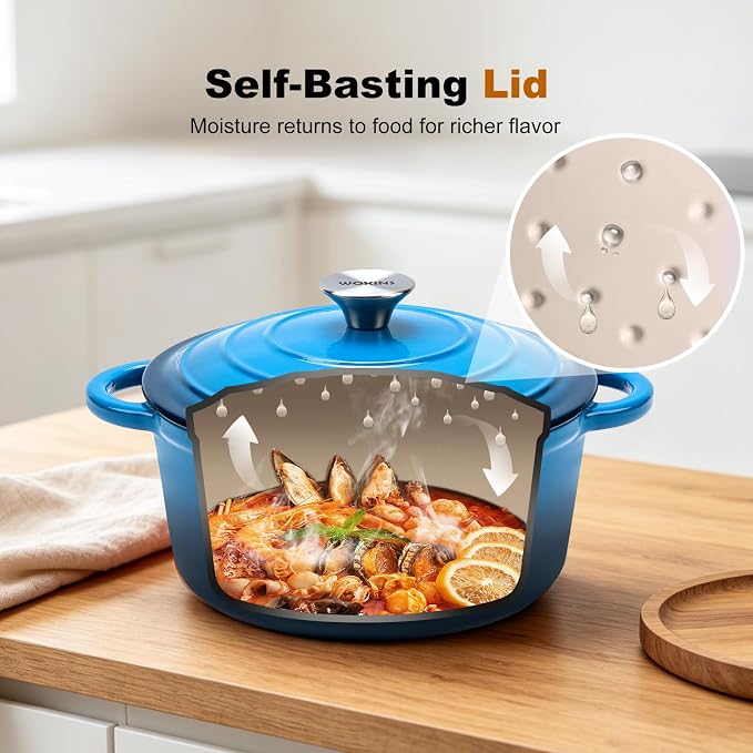 7-QT Enameled Cast Iron Round Dutch Oven With Lid,Oven safe,Blue | Large enameled cast iron Dutch oven,Retains moisture,PFAS-free,500°F,sourdough,braising/stews/roasting,Housewarming Gift