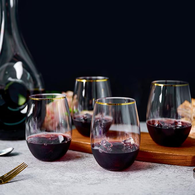 FOCUSLINE 20pcs 16 Oz Plastic Wine Glasses, Stemless Gold Rim, Heavy Duty Disposable Drinking Cups, Reusable Shatterproof for Party & Wedding | Thick and Durable, Shatter-Resistant, and Reusable; Ideal for Weddings, Parties, Toasts, and Various Celebra...