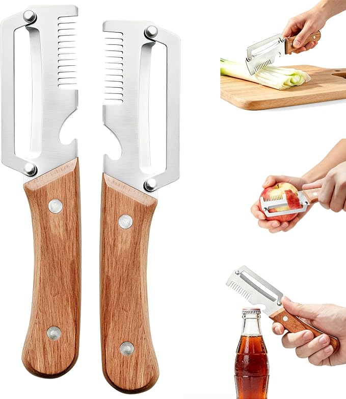 Left & Right Hand Vegetable Peeler Set with Scallion Slicer & Bottle Opener, Heavy-Duty Thick Stainless Steel Blade, Multi-Function Kitchen Peeler with Wooden Handle for Fruits & Vegetables(New 2pcs)