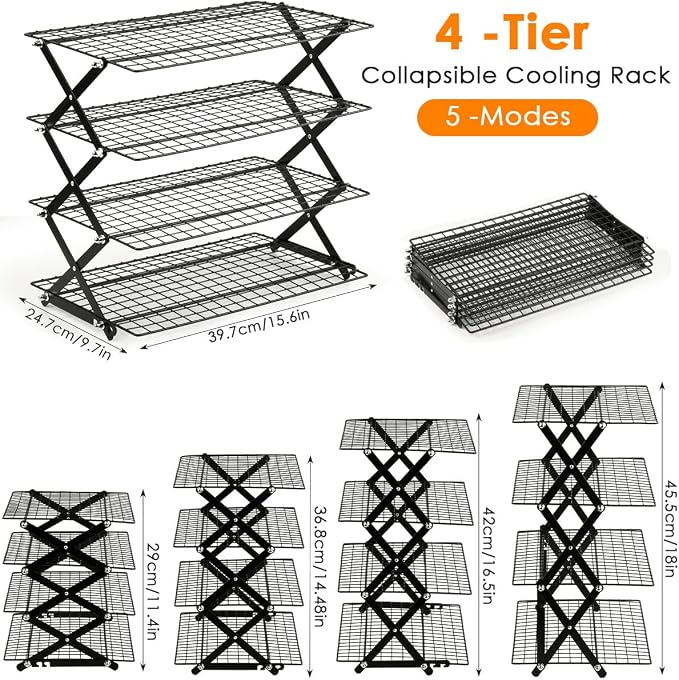 4 Tier Collapsible Cooling Rack with 3 Setting Design Adjustable ＆ Stackable Baking Rack, X-Shaped Structure Cooling Rack for Cooking and Baking, Cookies, Bread, Baking Must Haves