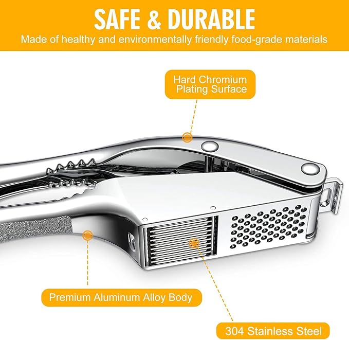 Garlic Press and Slicer 3 In 1, Food Grade Stainless Steel Garlic Mincer Chopper Crusher Garlic Press Kitchen Tool with Garlic Peeler Skin Remover and Clean Brush