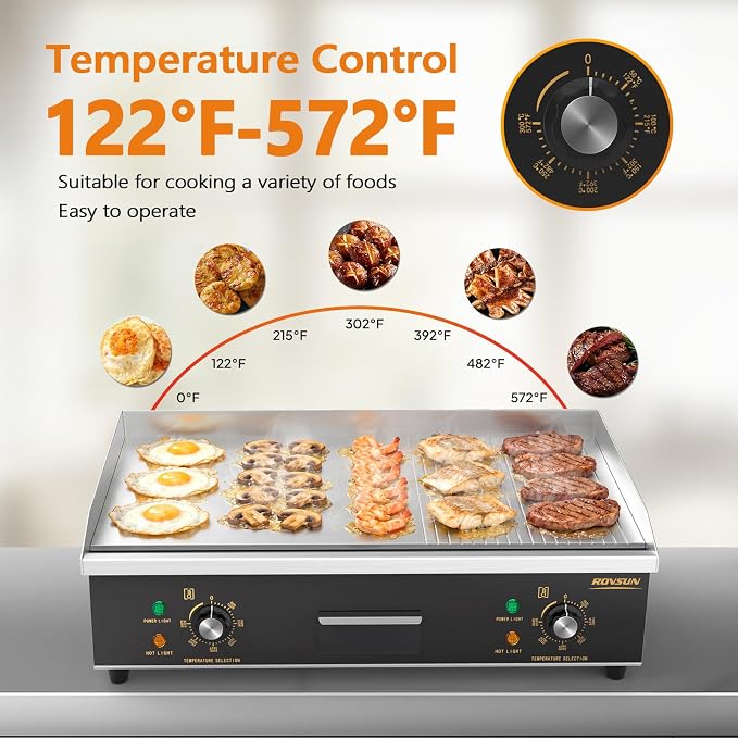 ROVSUN 26" Electric Griddle, Electric Countertop Half Flat Top Griddle, 3200W Grill Stainless Steel with Adjustable Temperature Control 122°F-572°F for Commercial Home Restaurant, Plug