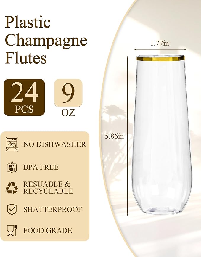 Ciaell 24 Pack Gold Plastic Champagne Flutes for Mimosa Bars | 9 oz Gold Stemless Mimosa Glasses, Heavy Duty Plastic, Champagne Mimosas Wine Cocktails for Weddings Birthdays Parties