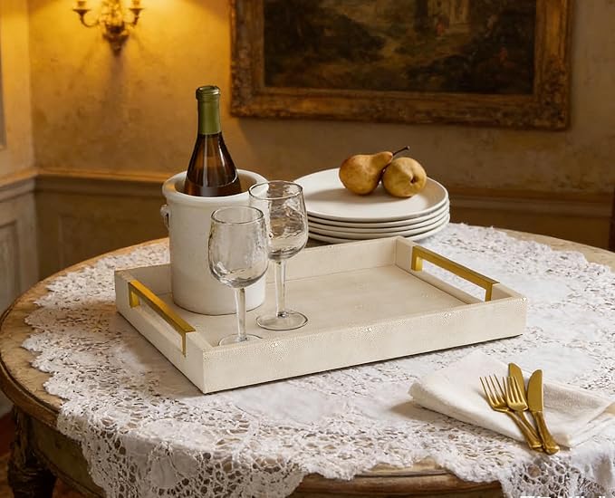 HofferRuffer Faux Leather Serving Tray with Gold Metal Handles, Stylish Decorative Tray Organizer for Coffee Table, Ottoman, Home Decor and Serving (LightGrey Shagreen, 16.2" x 12.2" x 2")