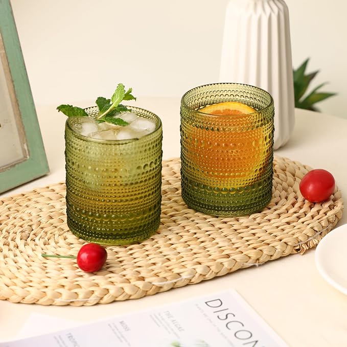 Moretoes 10oz Green Hobnail Drinking Glasses Set of 6 Cocktail Glasses | Vintage Old Fashion Glassware, Textured Glass Cups Bubble Glasses Water Glasses Jupiter Glasses Set