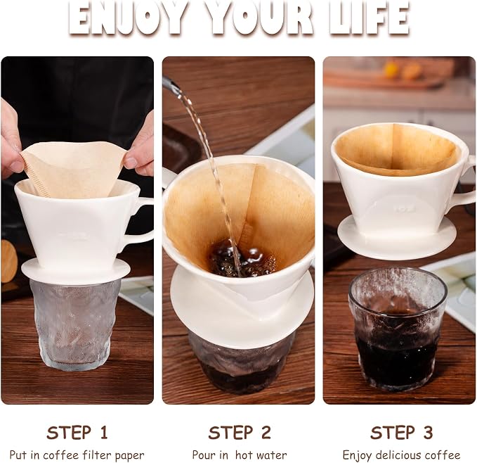 Pour Over Coffee Dripper, Ceramic Pour Over Coffee Maker, White | 3 Holes Flat Bottom, Easy Manual Brew Maker, Porcelain Slow Filter Cone for Travel, Camping, Office, Home