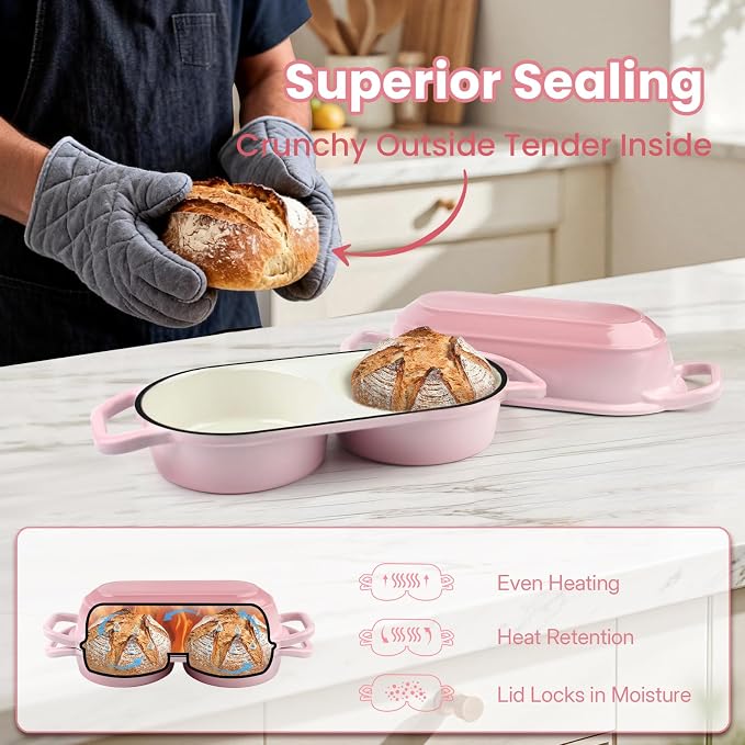 YONILL Mini Double Dutch Oven with Lid for Sourdough Bread Baking (Pink) | Enameled Cast Iron Pot with Lid, 5" Banneton Bread Proofing Basket Include, Dual Round Bread Loaf Pan for Homemade Baking