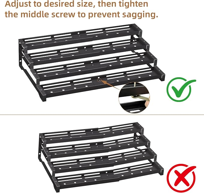 Expandable Spice Rack Organizer for Cabinet 4 Tier Spicy Shelf Black 1Pack | Adjustable Length 13"-21", Easy to See Labels, Sturdy Metal, Slip-Resistant Guardrails for Jars, Cabinet & Countertop Storage