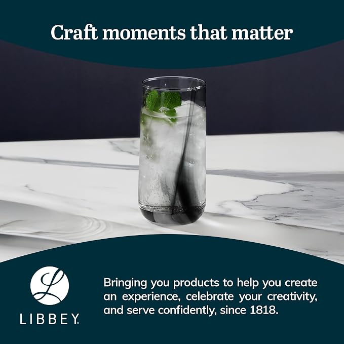 16 Oz Ascent Black Ribbon Drinking Glasses Set of 8 | Modern Black Ribbon Design, Dishwasher Safe & Easy to Clean, Durable for Everyday Dining and Entertaining