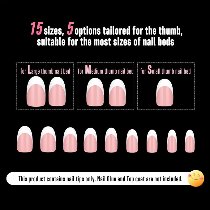 NOVO OVO White French Tip Oval Nail Tips Press on BABY PINK, Extra Thick Medium Soft Gel Fake Nail Acrylic Extension, Need Builder Gel Top Coat, No Glue Included, for Salon DIY x 15 Sizes 240 pcs