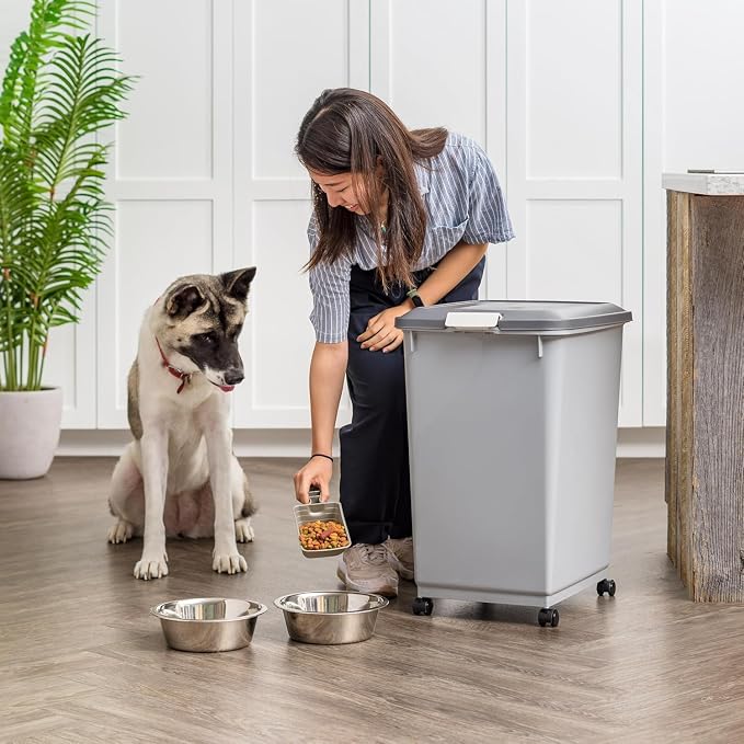 IRIS USA Dog Food Storage Container, Up to 54 lbs, Gray/Dark Gray | Made in USA, Comes with Wheels & 2-Cup Scoop, Airtight Seal, BPA-Free, Bird Seed, Cat food, Cat Litter, Treats, Pellets
