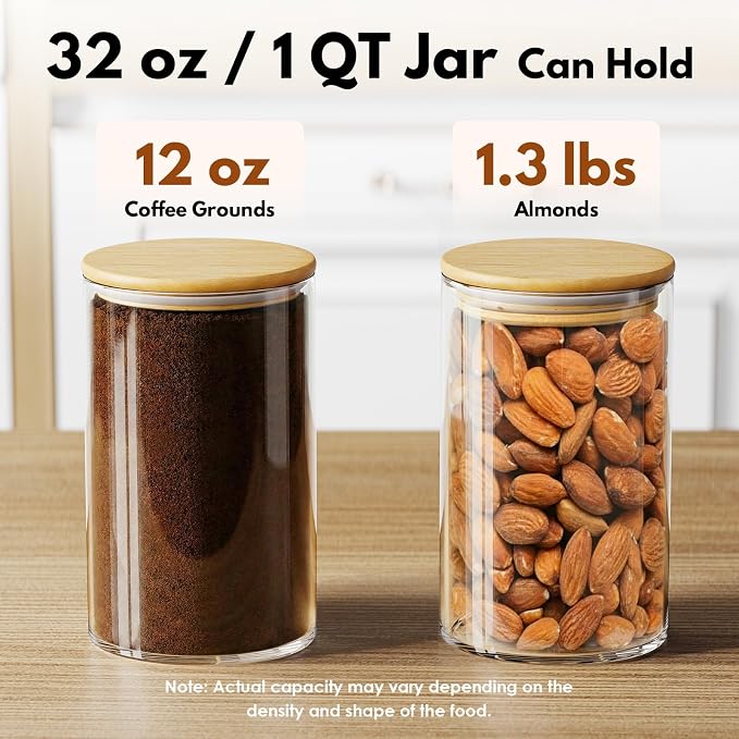 OneDream 32oz Glass Jar with Lid, 6 Pack Coffee Storage Canister for Candy | Seal, BPA-Free, Bamboo Lid, Coffee Bar Accessories, for Coffee Beans, Creamer, Salt, Overnight Oats, Brown sugar, Candy, Tea