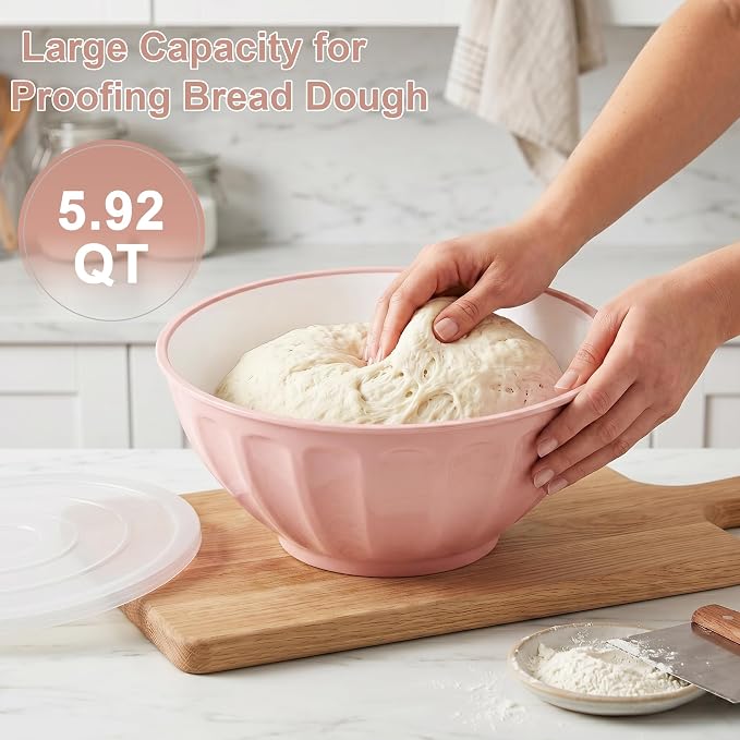 BoxedHome Mixing Bowls with Lids Set, 8 pieces Large 0.2” Thick Plastic Nesting Mixing Bowl, Microwave Safe,Size 5.92, 4.12,3.06,1.80 Quart, Pink