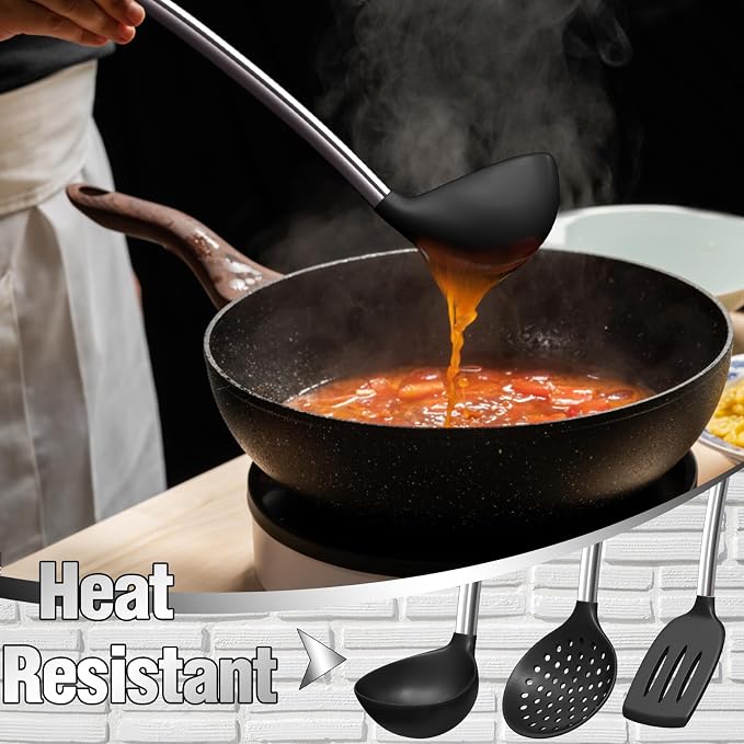 Umite Chef Thickened Kitchen Utensils Set- Silicone Cooking Utensils Set for Nonstick Cookware-Silicone Spatulas Set, Heavy Duty Stainless Steel Handle-Black Kitchen Gadgets Tools Set