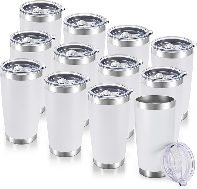 20 oz Tumblers Bulk Stainless Steel Tumbler with Lid, 12 Pack | White, 20oz Insulated Coffee Mug, Double Wall Vacuum, Powder Coated Cup, for Hot and Cold Drinks