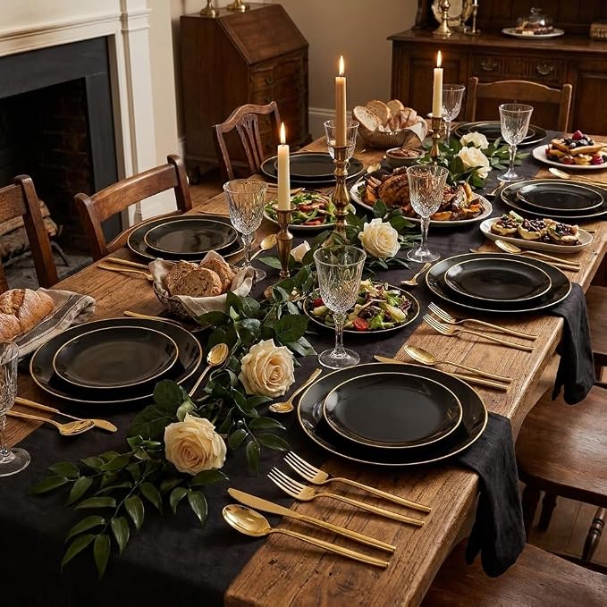 150Pcs Black Plastic Plates , Heavy Duty Black Plates for 30 Guests | Black Disposable Plastic Plates,Include 30 Dinner Plates,30 Dessert Plates and 90 Gold Cutlery Set for Party,Wedding