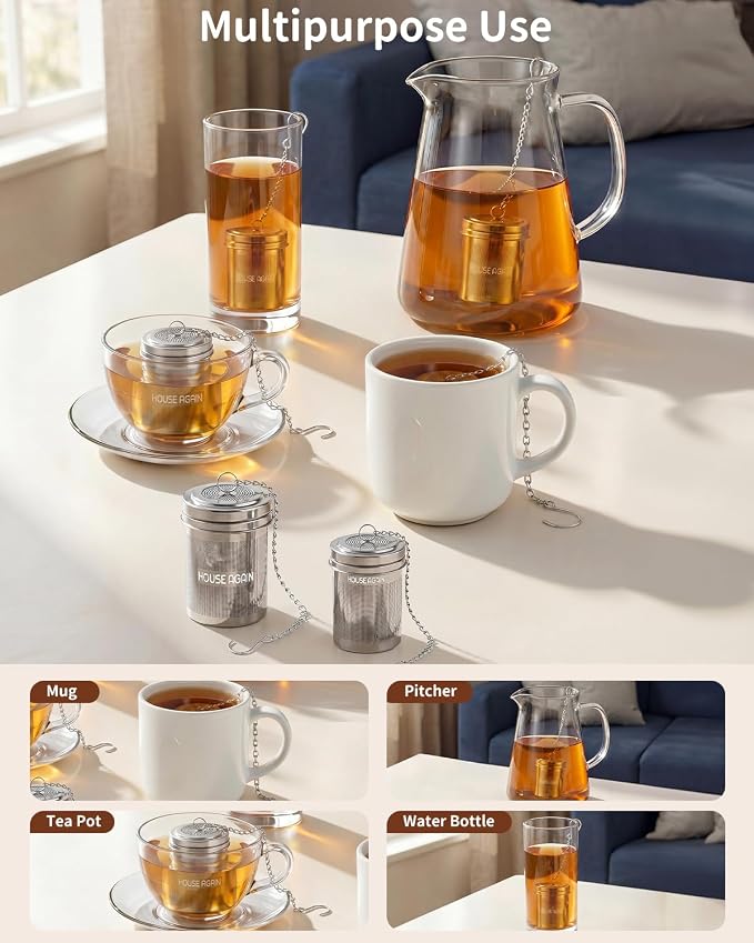 HOUSE AGAIN Large Tea Infuser, Extra Fine Mesh Tea Strainers for Loose Tea, 18/8 Stainless Steel Tea Strainer with Extended Chain Hook, Tea Steeper for Brew Tea, Spices & Seasonings for Multi Cups