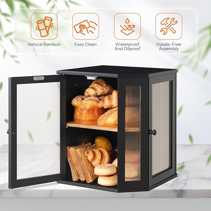 HOOBRO Bread Box, Bamboo Bread Box for Kitchen Countertop, 2-Tier Corner Bread Box, Large Capacity Bread Bin, Food Storage Box, Bread Storage Container for Kitchen, Dining Room, Black BK12MB01