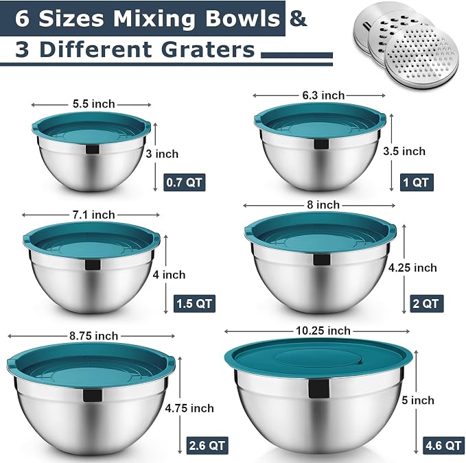 P&P CHEF Mixing Bowls with Lids Set of 6, Nesting Salad Bowl, Blue | Stainless Steel Bowl & 3 Grater Attachments & Plastic Lid, For Prepping Baking Storing, Sizes with 4.6/2.6/2/1.5/1/0.7 QT