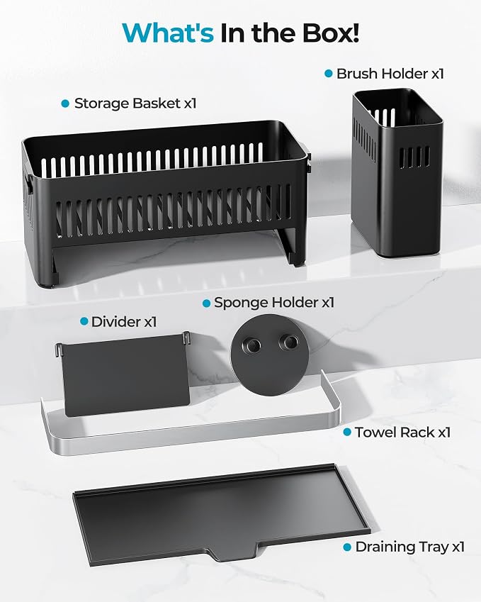 Nieifi Sponge Holder, Black Rustproof ABS Sink Caddy with Towel Rack | Smiley Sponge and Brush Holders with Drainage to Keep Items Dry. 10"W x 4.5"D. Kitchen Counter Organizer & Essential Storage.