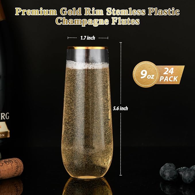 FOCUSLINE 24 Pack 9 Oz Plastic Stemless Gold Rim Champagne Flutes, Heavy Duty, Shatterproof, Disposable & Reusable Crystal Clear Toasting Glasses