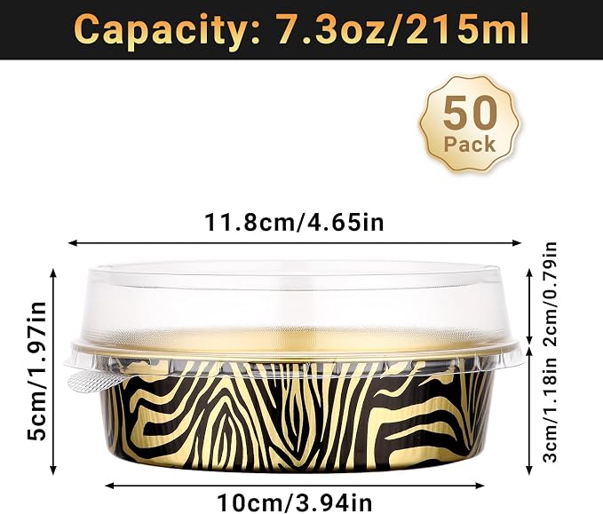 Beasea 4 Inch Pie Tins with Lids, 50 Pack 7.3 Oz Disposable Mini Tart Tins, Aluminum Foil Baking Tins Small Round Muffin Container Mini Cheesecake Cups for Pie Tart Quiche - Tiger Stripes