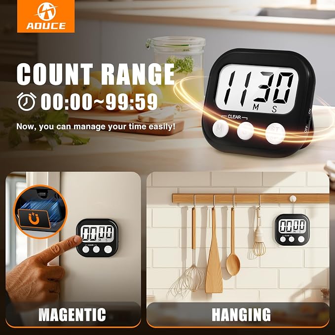 2 Pack Digital Kitchen Timer for Cooking Big Digits Loud Alarm Magnetic Backing Stand Cooking Timers for Baking Black