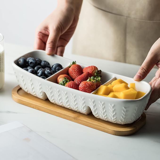 Miamolo Condiment Bowls Divided Serving Tray, Chip and Dip Bowl for Party | Ceramic 10-inch, 3 Compartment Tray + Wood Base | for Snacks Appetizer Charcuterie, Microwave Oven Safe, Hosting Essentials