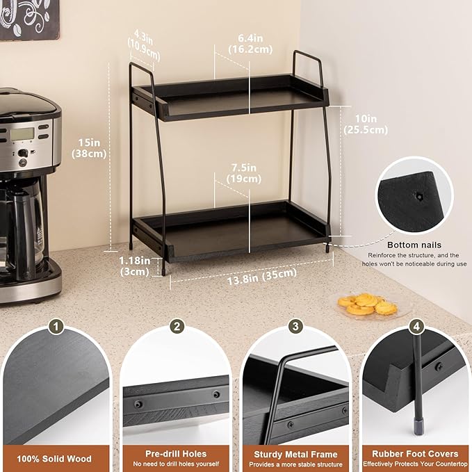 ANBOXIT 2-Tier Coffee Station Organizer, Wooden Kitchen Counter Shelf | for Coffee Bar Accessories, Condiment Storage Caddy for Kitchen, Home, Office - Black