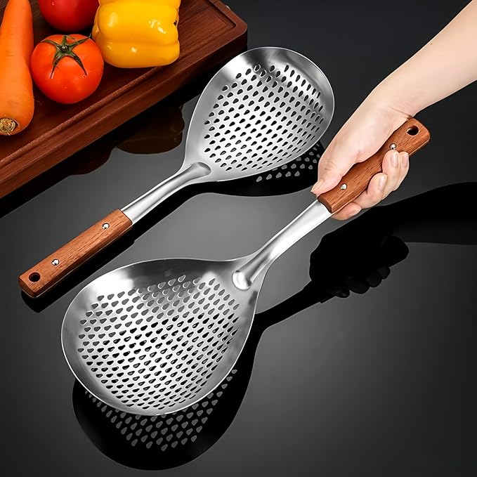 Steel Spider Strainer Wood Handle Kitchen Mesh Drainer for Pasta | Small fine wire mesh strainer spoon, multipurpose kitchen colander, great for deep frying, draining food,washing veg fruits