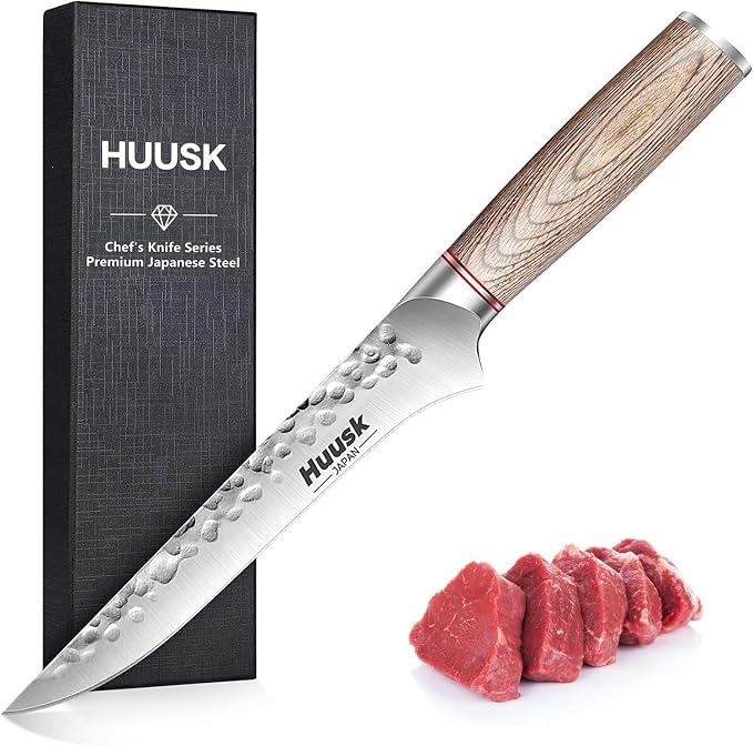 Huusk Boning Knife for Meat Cutting with Ergonomic Pakkawood Handle | 6.5" Hand Forged Japanese Fillet Knife for Meat Fish Poultry, Deboning Butcher Knives for Processing, Gift for Cooking lovers