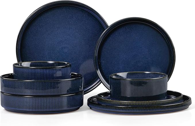 LIANYU Dinnerware Sets with Pasta Bowls, 8 Piece Ribbed Plates and Bowls for 2, Modern Ceramic Stoneware Dishes for Kitchen Dining, Microwave and Dishwasher Safe, Twilight Blue