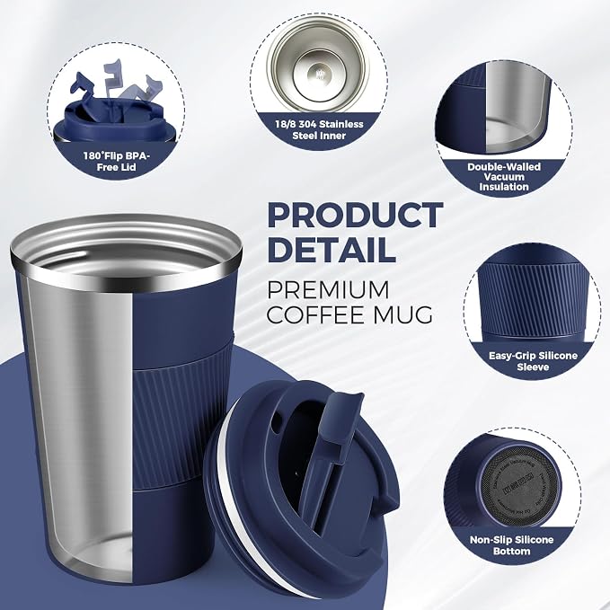 Volhoply 13 oz Stainless Steel Insulated Travel Coffee Mug with Fip Lid Bulk 2 Pack,Reusable Double Wall Vacuum Metal Coffee Cup,Portable Leak Proof Thermal Tumbler for Hot & Cold Drinks(Navy,2)