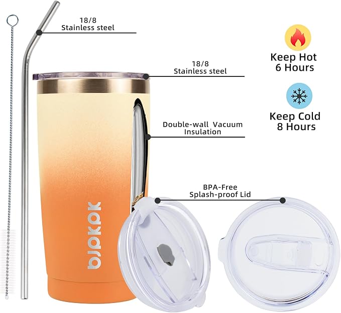 BJPKPK 20oz Coffee Tumbler with Lid & Straw, Insulated Stainless Steel Mug | Double Wall Vacuum, Keeps Hot/Cold, BPA Free, Leak Proof, Iced Coffee Cup Fit Car Holder, Travel & Beach, Coral