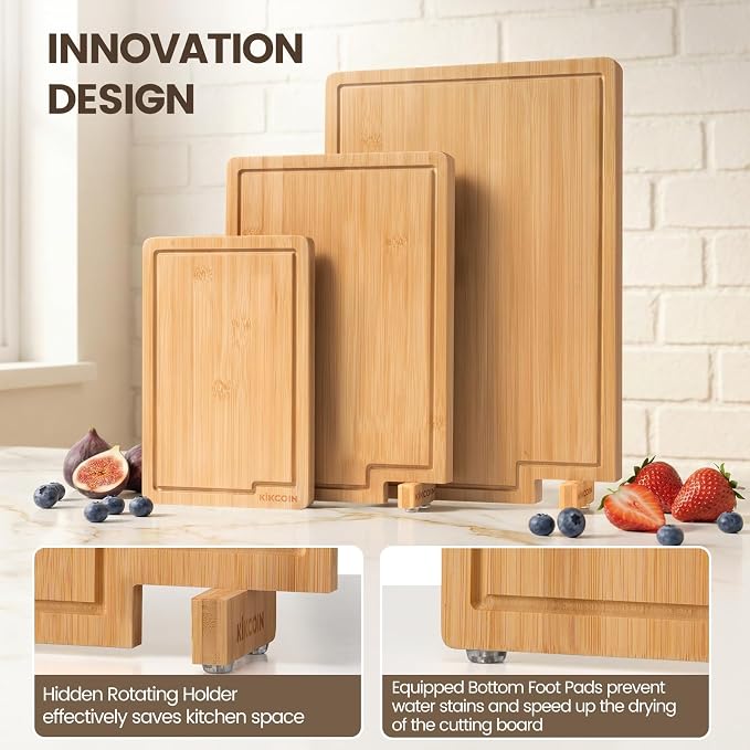 Kikcoin Bamboo Cutting Boards for Kitchen Set of 3, Extra Large Wood Cutting Board with Rotating Kickstand & Juice Groove, Wooden Chopping Board for Meats Veges Fruits, Heavy Duty Serving Tray