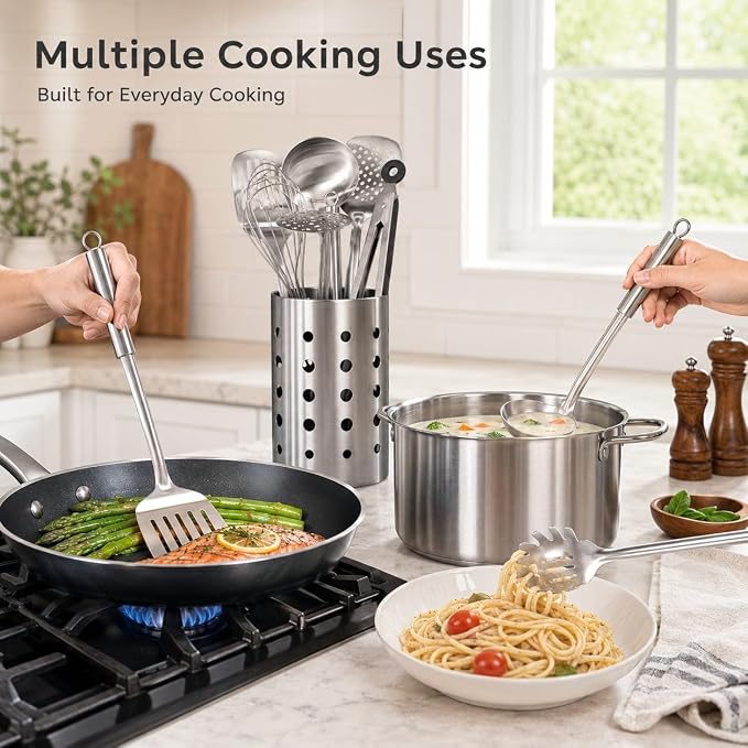 Pleafind Cooking Utensils Set - 9 PCS Stainless Steel Kitchen Utensils Set with Utensil Holder, Heat Resistant Wok Utensils Set, Kitchen Tools Set with Spatula, Ladle, Slotted Spoon, Dishwasher Safe