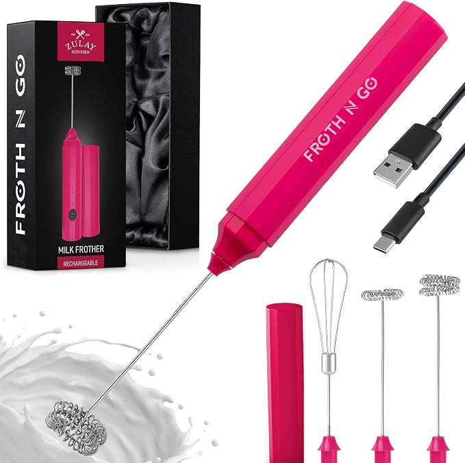 Zulay Froth N Go Milk Frother – Rechargeable 3-in-1 Handheld Frother Wand with Travel Case & USB-C Charger – Single, Double & Egg Whisk for Latte, Cappuccino, Matcha, Protein Shakes – Dragonfruit