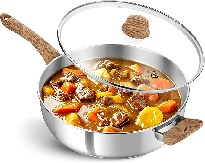 KOCH SYSTEME CS 12 Inch Stainless Steel Saute Pan with Lid, 6 Quart Deep Frying Pan, 18/10 Stainless Steel Saute Pan with Cool-Touch Bakelite Handle, Deep Fry Pan, Induction Ready